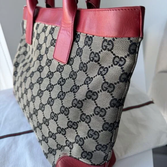 GUCCI Tote Bag GG Pattern Canvas Leather Beige Red Authentic